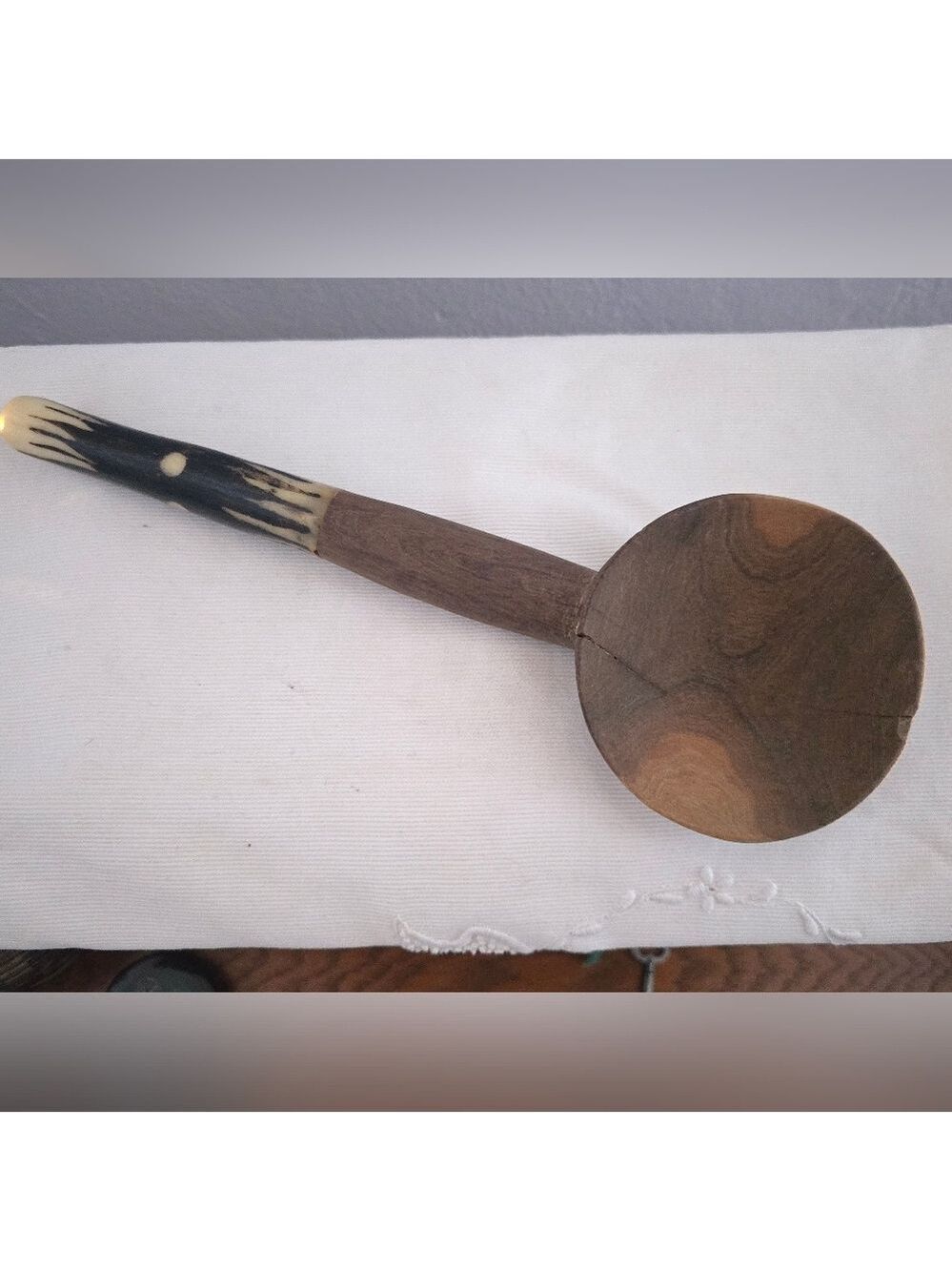 Vintage Handcarved Bone Handle Wooden Folk Art Spoon